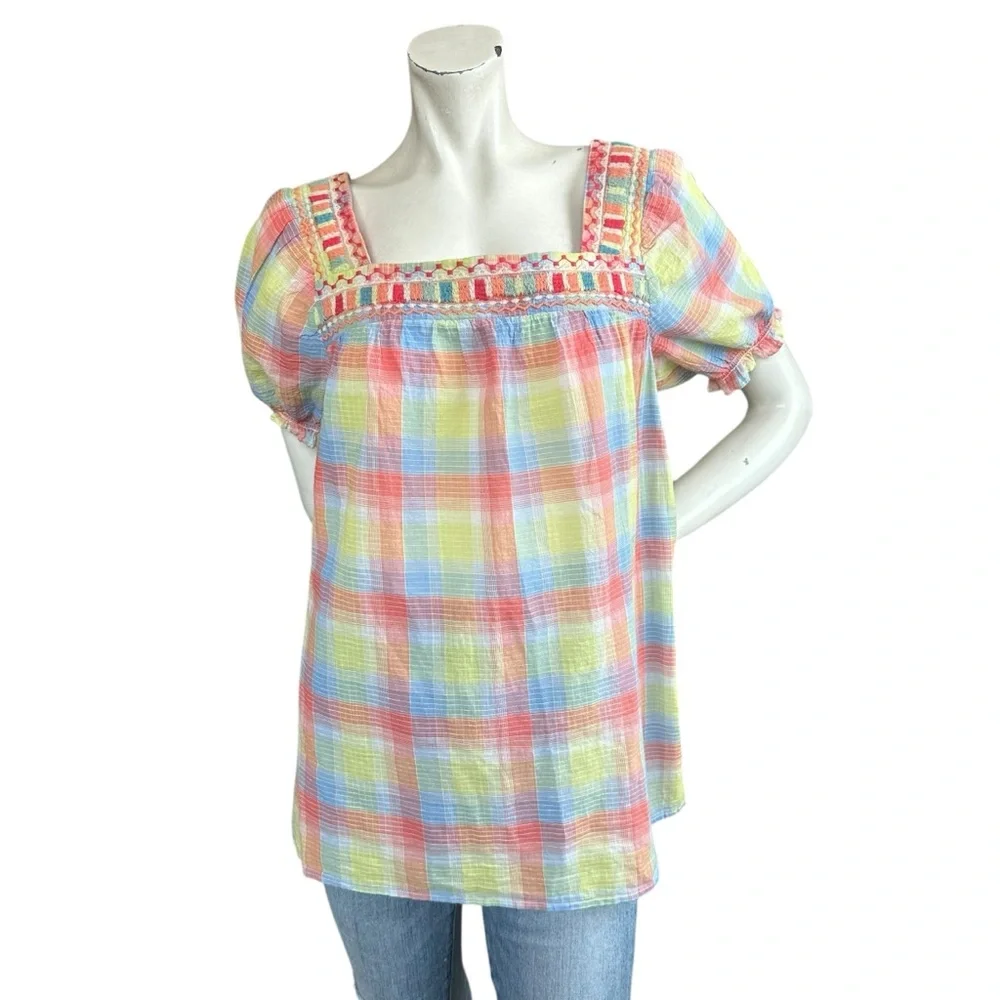 Johnny Was DELACEY PUFF SLEEVE PEASANT TOP Pastel Plaid Square Neck Size Small